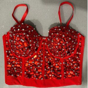 Red & Silver Rhinestone Bustier Corset  XS